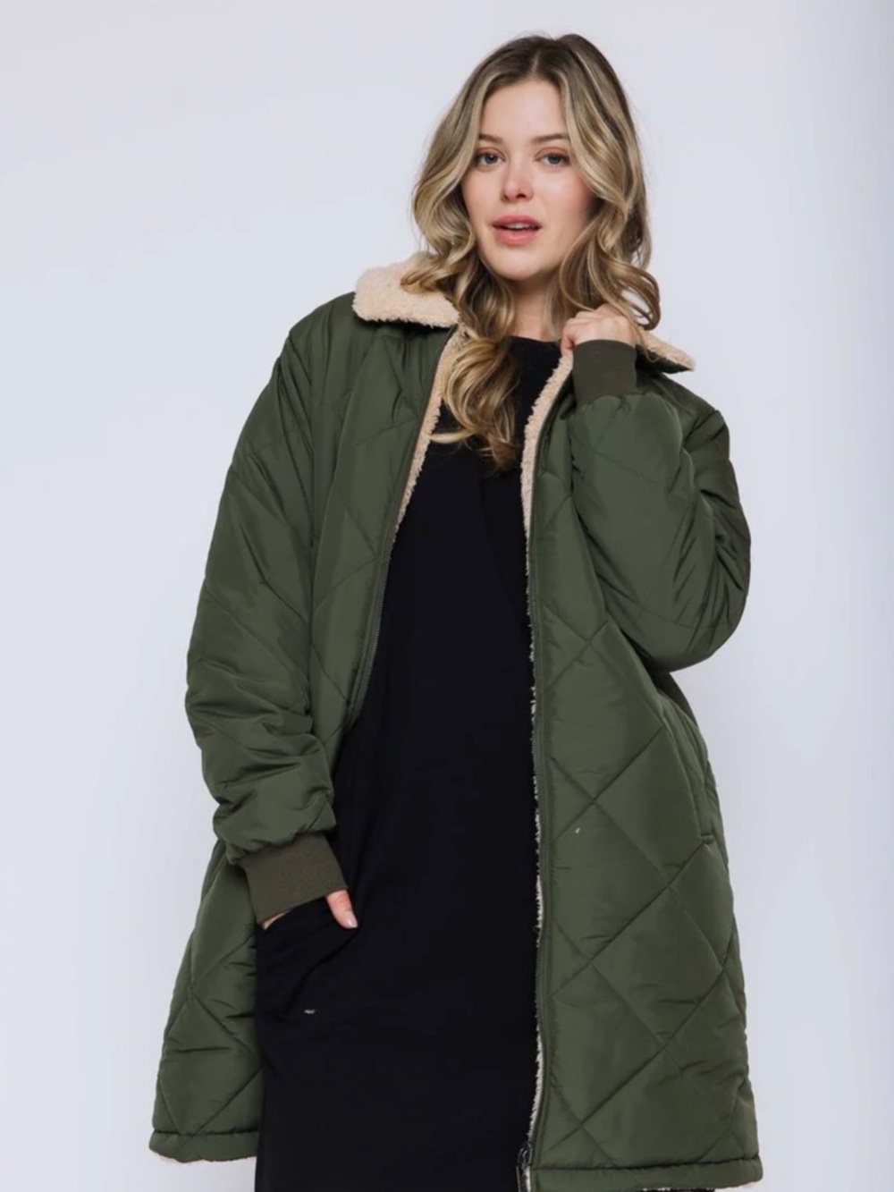 Quilted Olive Sherpa-Lined Women's Coat